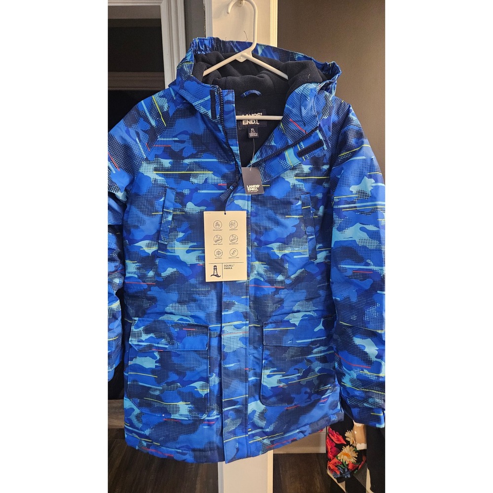 NWT Gorpcor Lands End Kids XL 14-16 Squall Parka Blue Digital Camo Winter Jacket